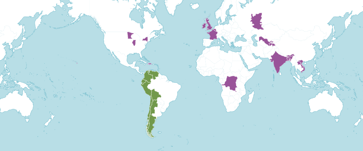 A map of the world showing where potato is native and introduced to 