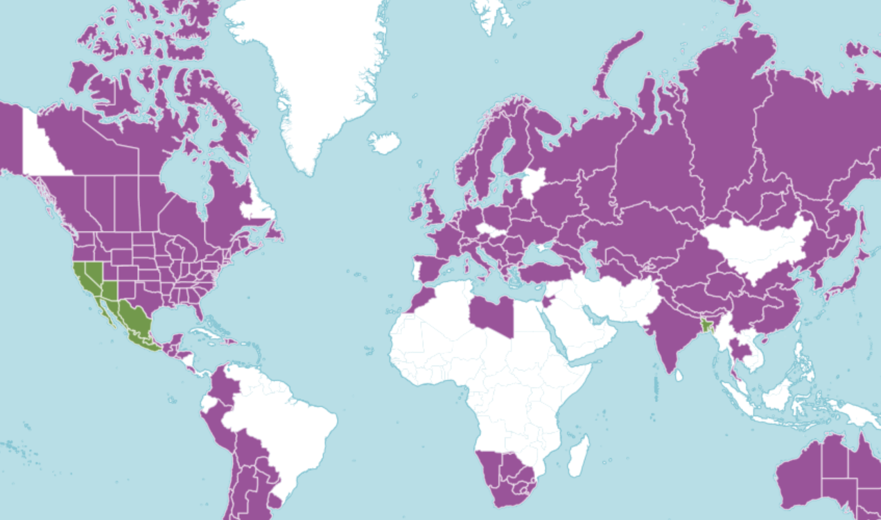 A map of the world showing where the common sunflower is native and introduced to