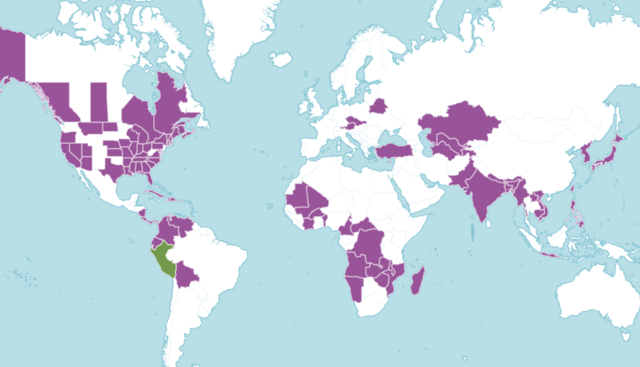 Map of the world showing where tomato is native and introduced to