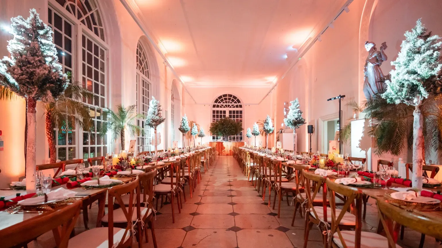 Orangery dining on long tables