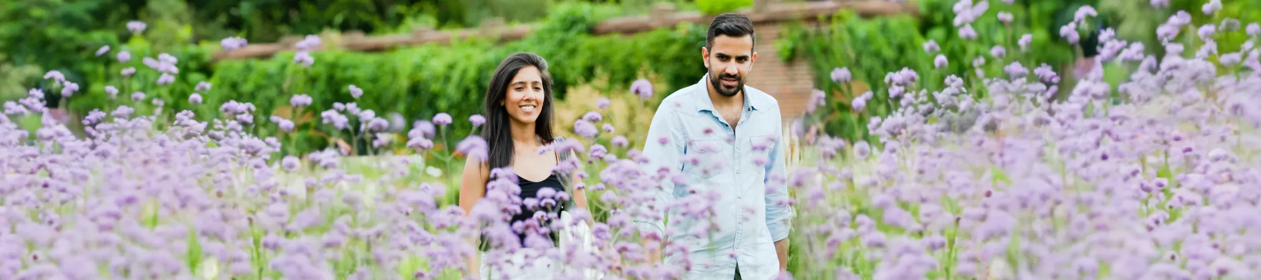 Couple surrounded by purple flowers