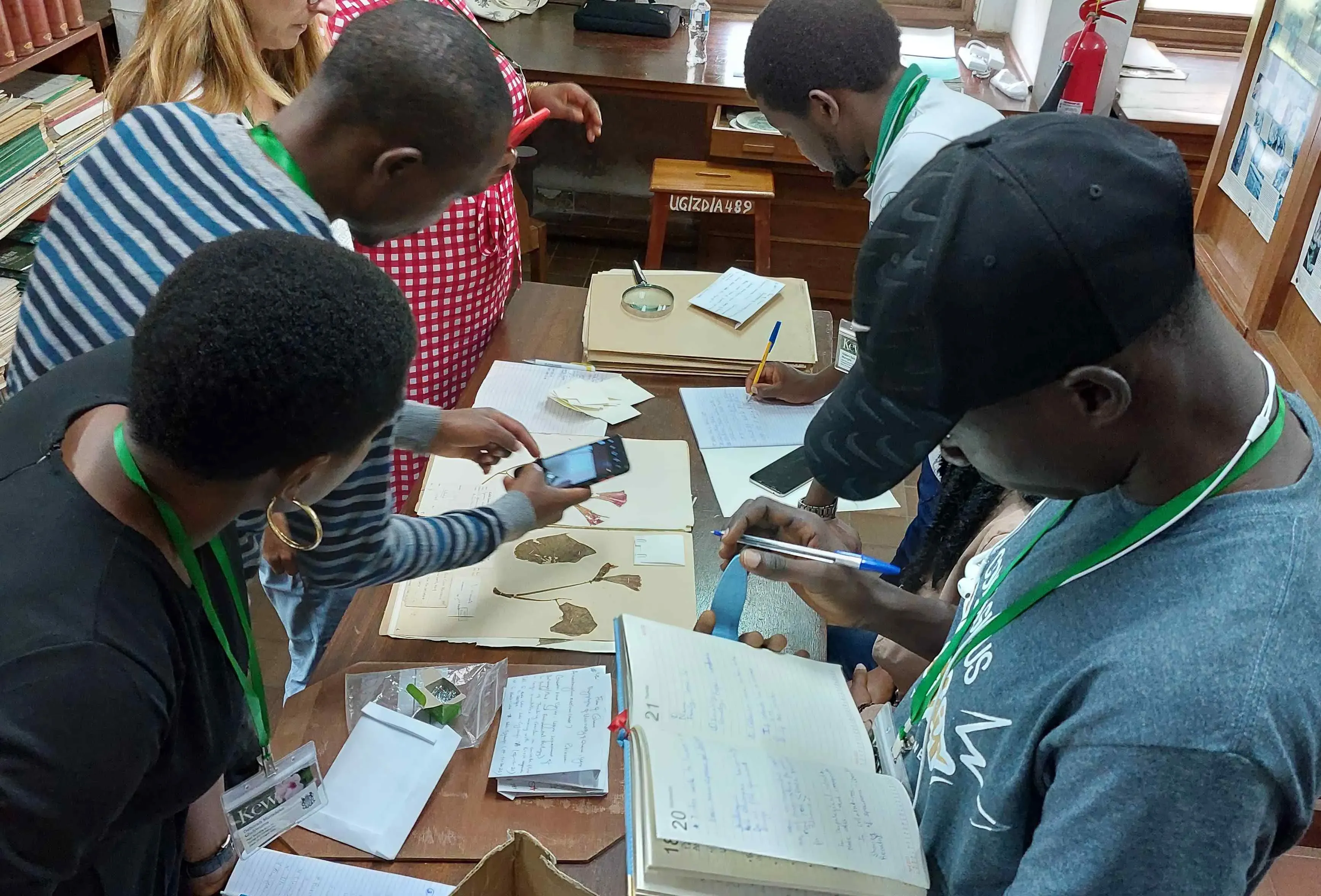 Group of students examining herbarium sheets and taking notes around a table in a herbarium. One person photographs a specimen, while others write in notebooks.