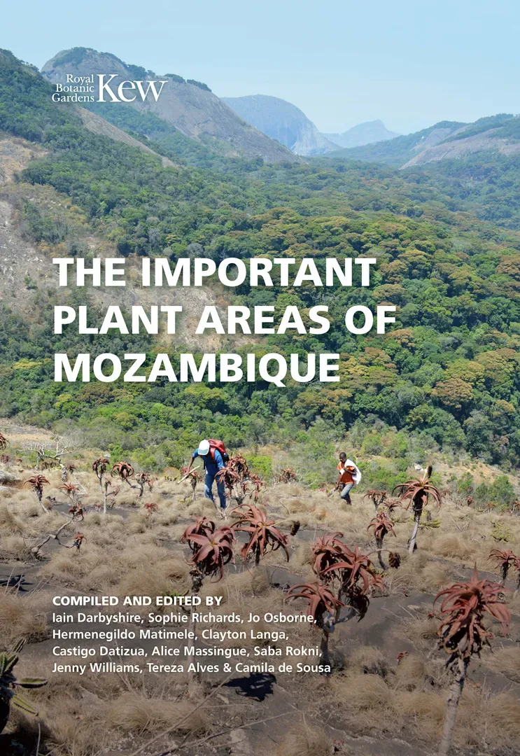 A book cover titled "The Important Plant Areas of Mozambique"