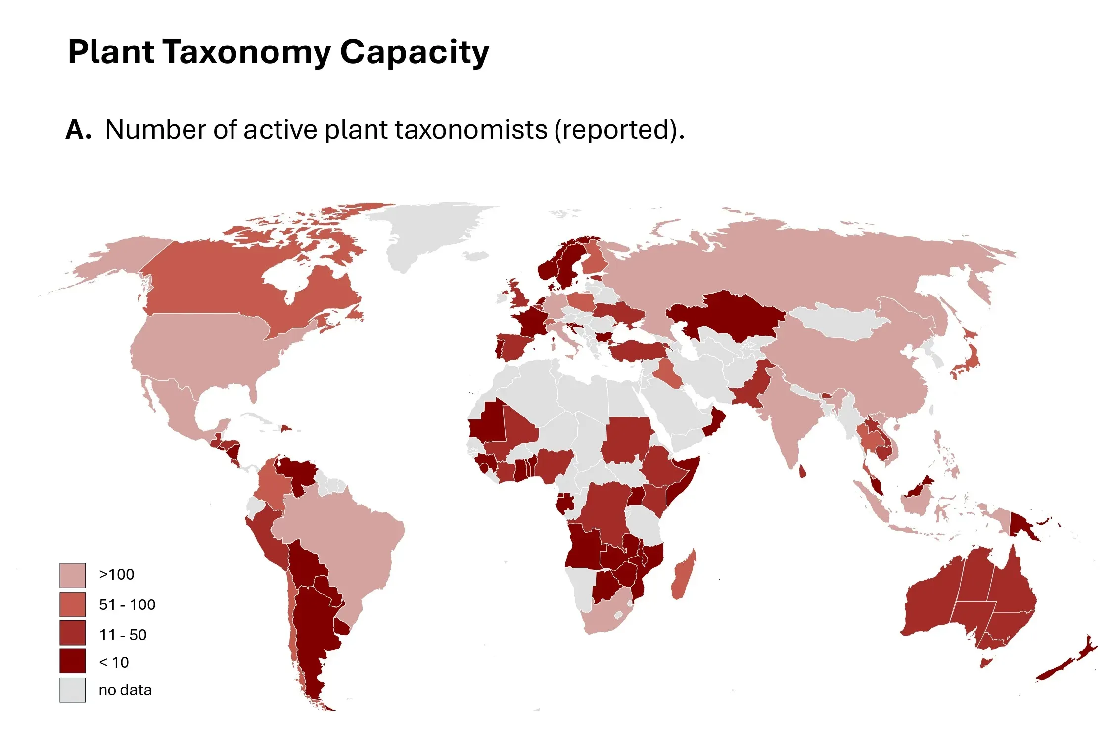 World map shaded to show number of reported active plant taxonomists by country, ranging from over 100 to under 10, with grey areas indicating no data.