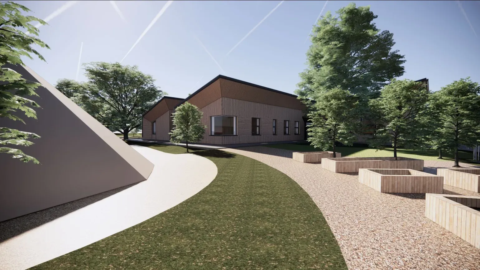 Computer render of an open garden path sweeping up to a low modern building