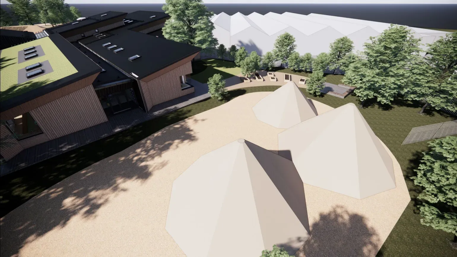 Computer render from a high angle looking down at three white conical tents, trees and a modern building with skylights in its roof
