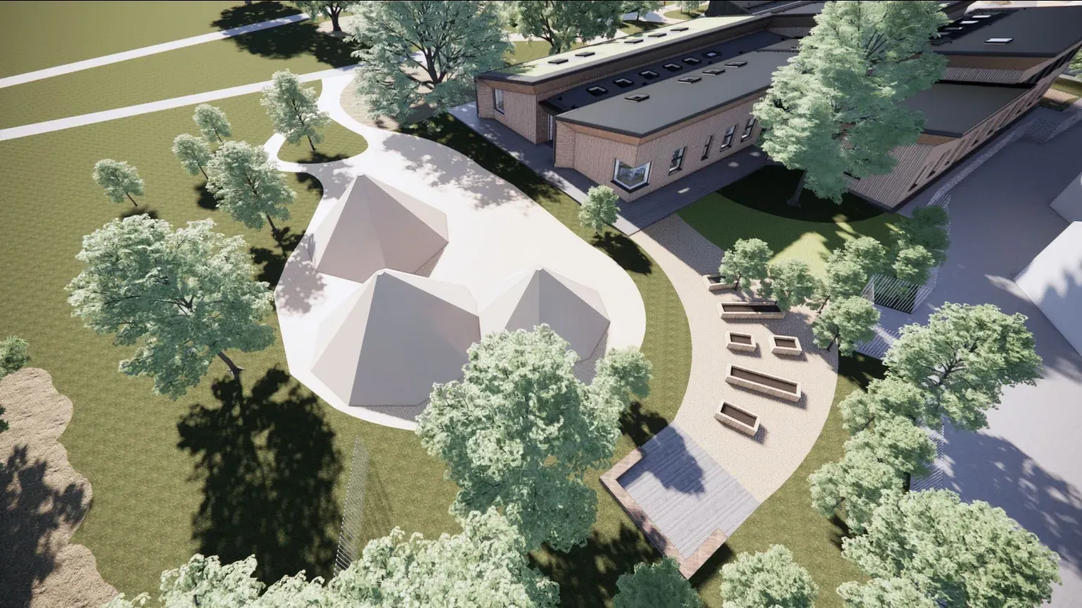 Computer render from a high angle looking down at three white conical tents, trees, lawns, garden beds, and a modern building with skylights in an angled roof