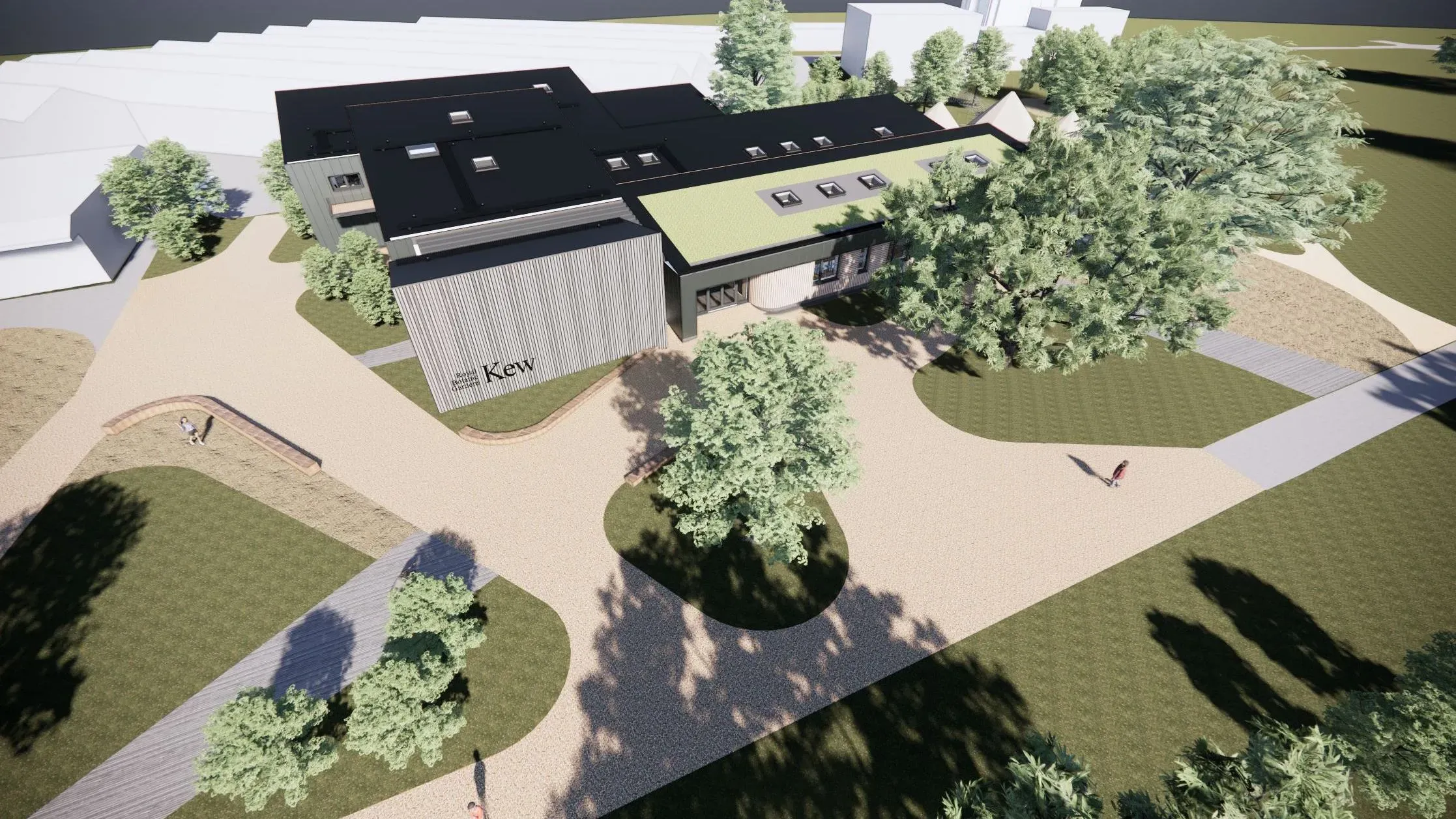 Computer render from a high angle looking down at a modern building surrounded by trees, lawns and paved pathways