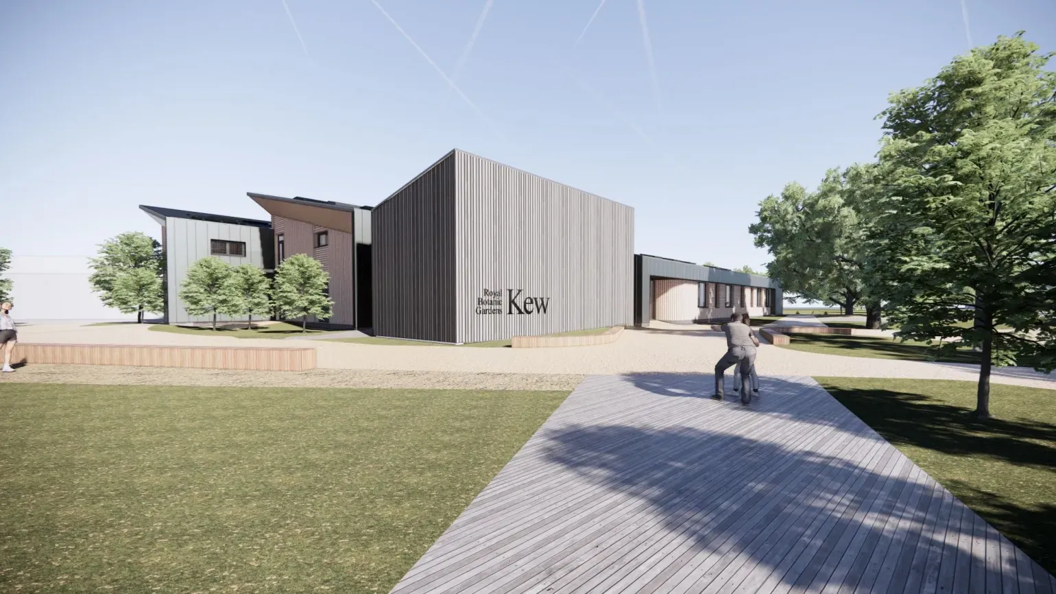 Computer render of a concrete pathway leading up to a modern building with Royal Botanic Gardens, Kew written on one wall