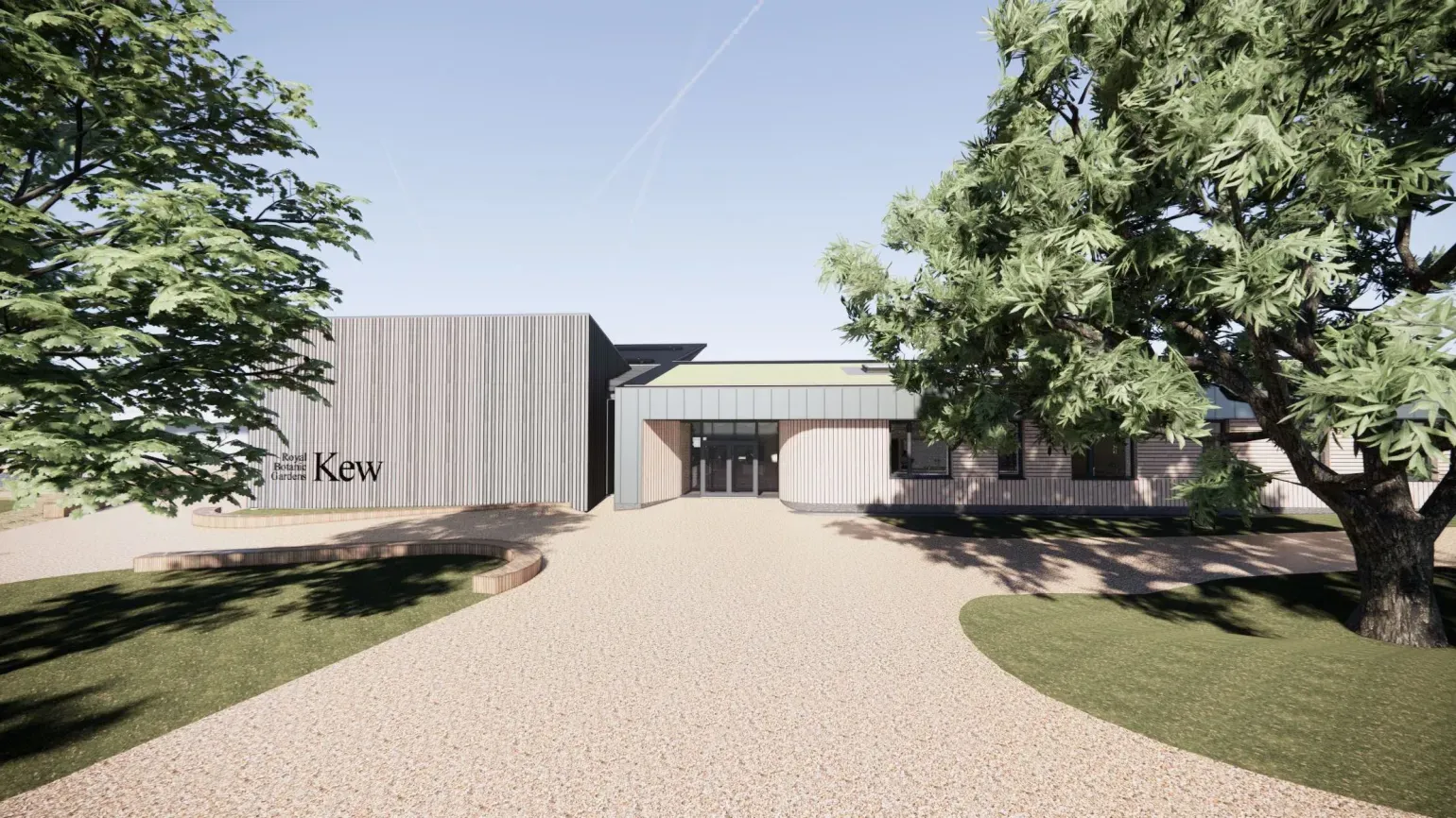 Computer render of a wide paved path fringed with trees, leading to the doorway of a light-coloured modern building 