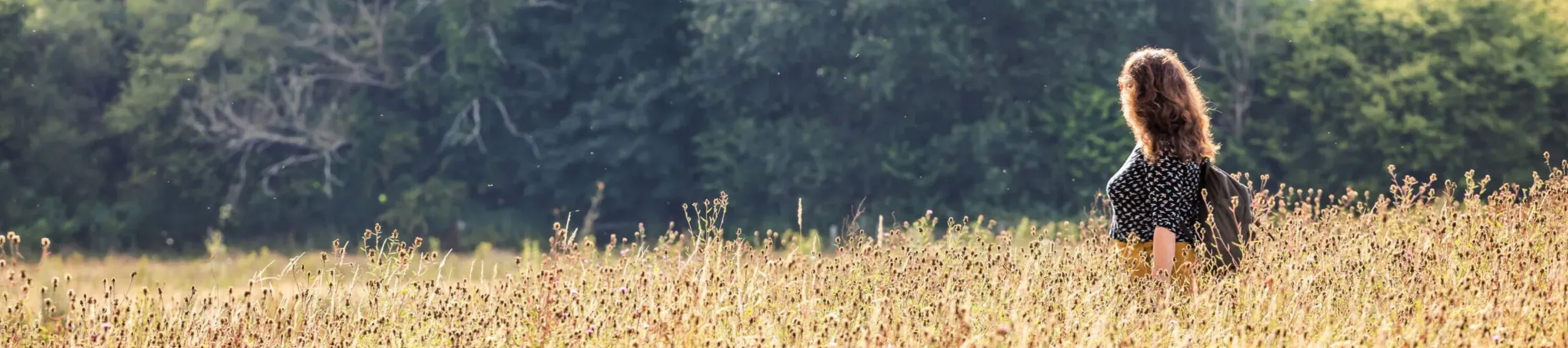 Woman walking in wildflower meadow