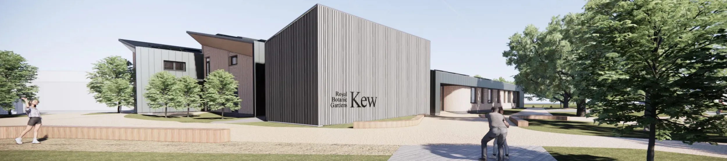 Computer render of a modern building with a grey facade, with the Kew logo on the facade