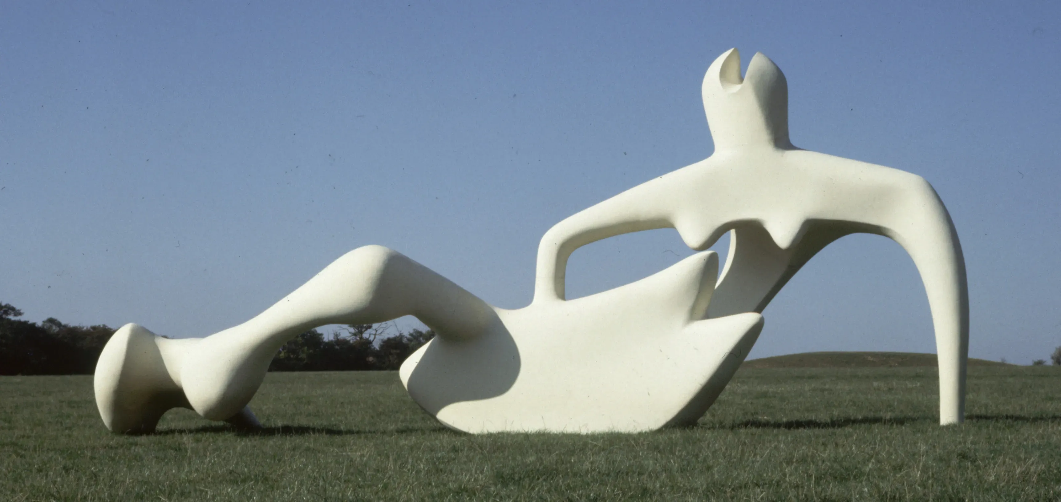 View of the Large Reclining Figure 1983-84 sculpture on grass with a blue sky background