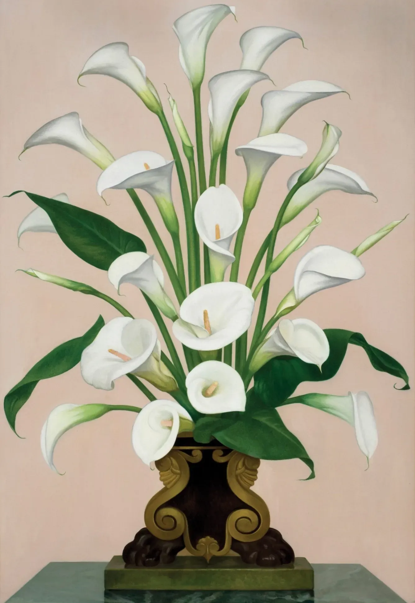 A painting of white calla lilies