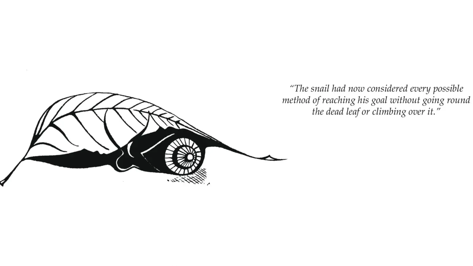 Black and white illustration of a snail under a leaf. text: The snail had now considered every possible method of reaching his goal without going round the dead leaf or climbing over it
