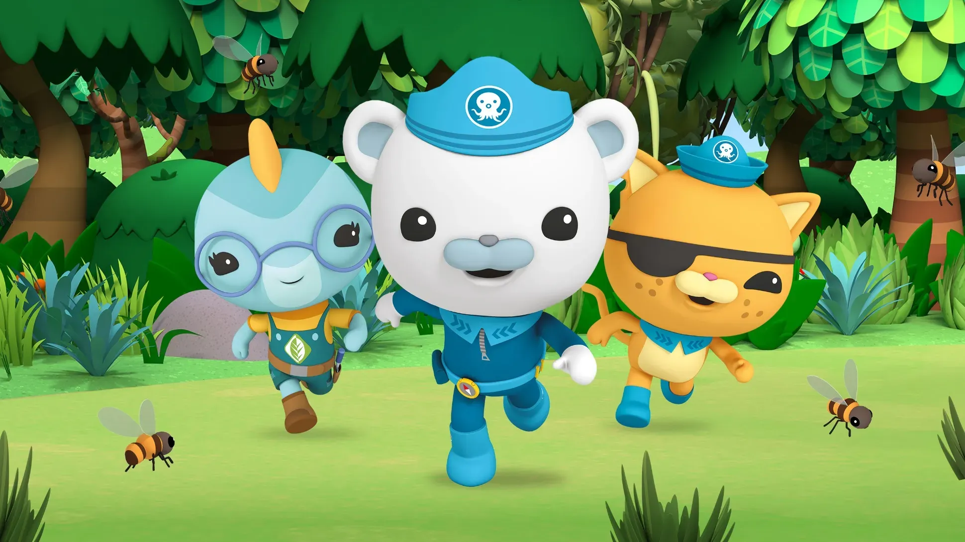 The Octonauts characters running towards the viewer in a forest