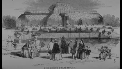 A victorian era illustration of Kew's palm house. The palm house is in the background and people dressed in victorian clothes gather in the front. The picture reads "The Great Palm House"