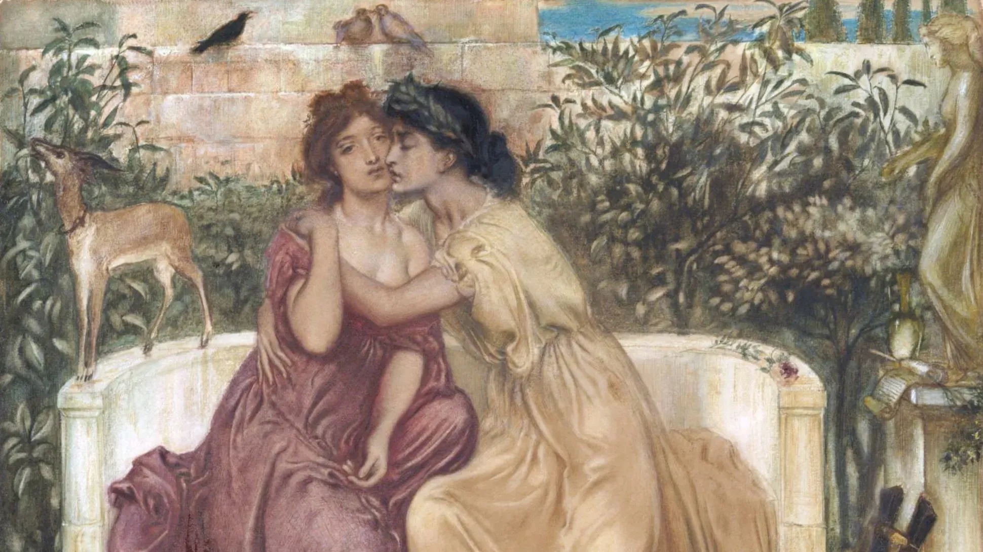 A painting of two women dressed in classical greek outfits embracing on a bench in a garden