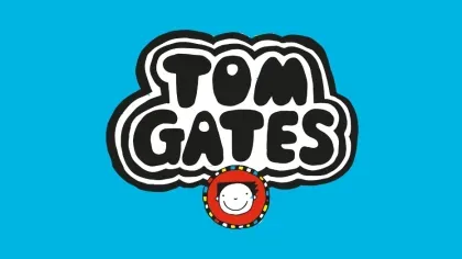 Tom Gates logo against a blue background. Bold black text that reads 'Tom Gates', with a small circular icon of Tom Gates below