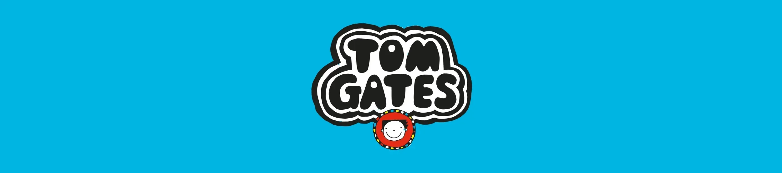 Tom Gates logo against a blue background. Bold black text that reads 'Tom Gates', with a small circular icon of Tom Gates below