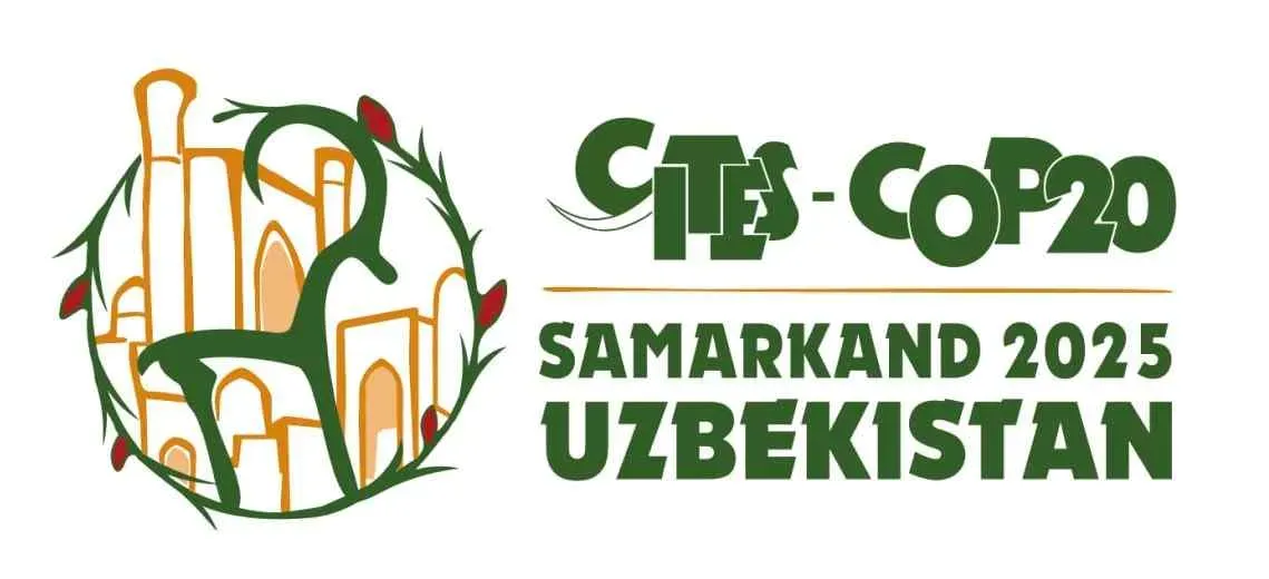 Official logo for CITES COP20 featuring stylised architecture of Samarkand and the plant Rhodiola semenovii, with text: ‘CITES COP20 Samarkand 2025 Uzbekistan’.