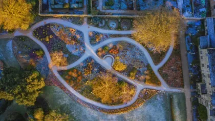 An aerial shot of paths in winter time