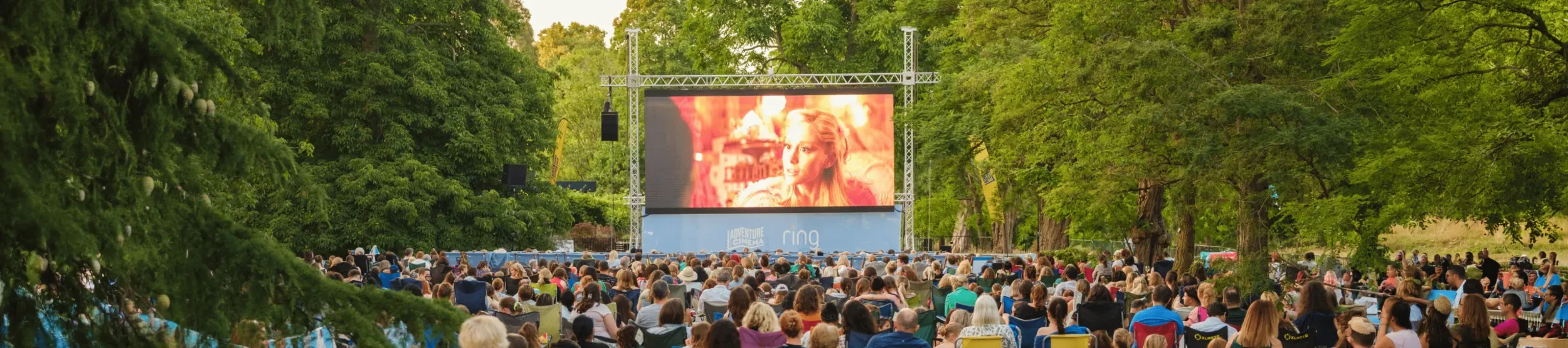 A crowd standing before an outdoor cinema screen
