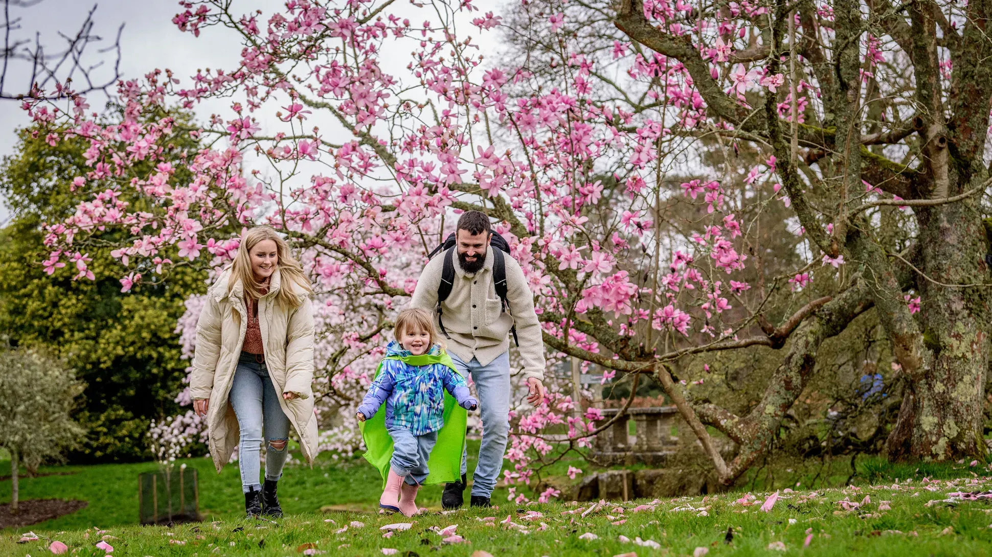 Two adults run after a child, who is wearing a Nature Heroes cape. There is a large magnolia tree in the background. 